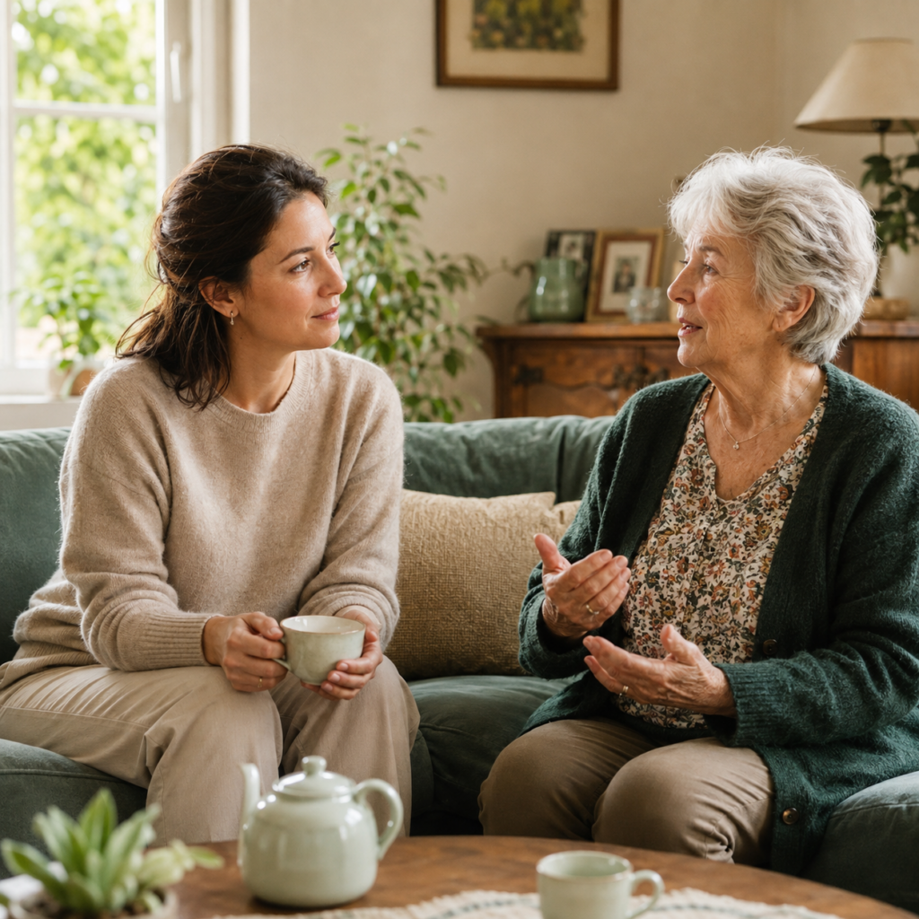 Nos Services Loane écoute attentivement une personne accompagnée à son domicile.