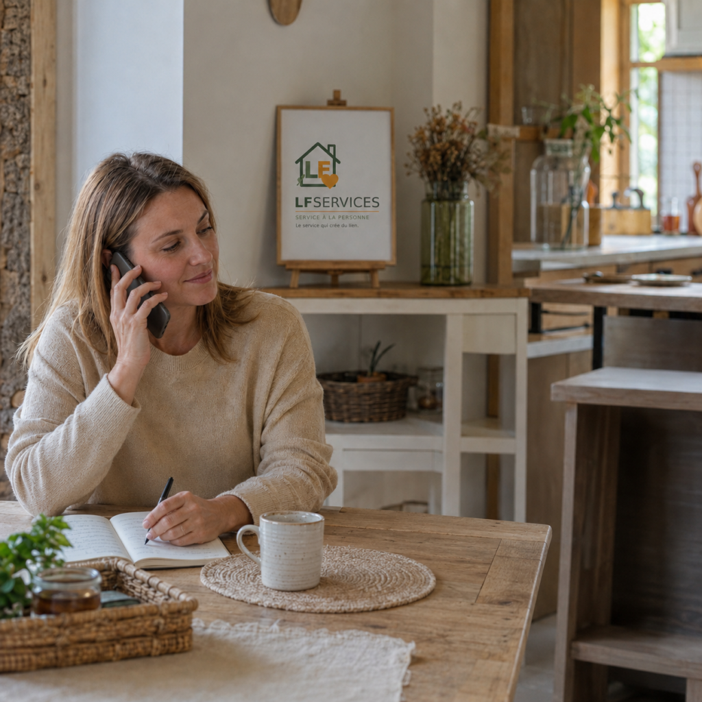 Loane échange avec une cliente dans un climat d’écoute et de confiance, auprès du logo LF Services.